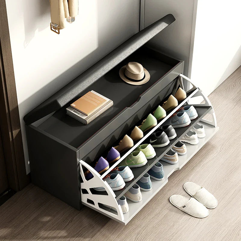 Nouveau design de petit banc à chaussures en cuir souple avec coussin de siège et siège de rangement rembourré